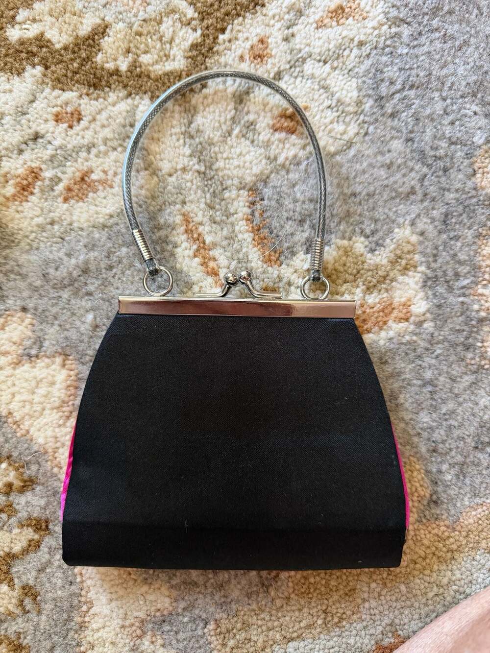 Vintage Black Satin Evening Clutch with Pink Accents and Silver Tone Handle